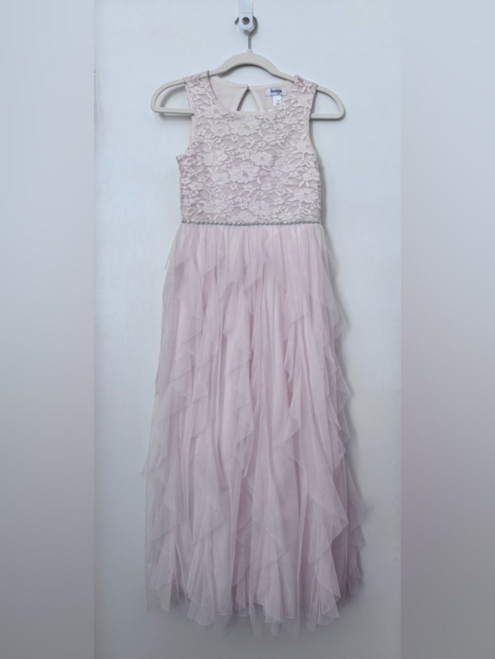 NWT Speechless Light Pink Lace & Ruffle Tulle Dress with Rhinestone Waist Sz 14